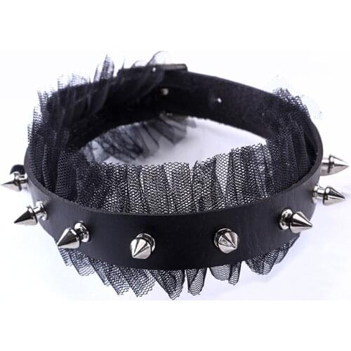 Women Sexy Harajuku Handmade Leather Lace Choker Necklace Lolita Stud Rivet Punk torques Goth lace Collar