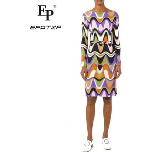 EFATZP Newest Fashion 2018 Designer Dress Womens Long Sleeve Colorful Geometric Print Stretch Jersey Silk belt Day Dress