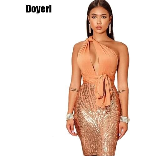 One Shoulder Sequin Party Dress Women Sleeveless Hollow Out Backless Summer Bandage Dress Elegant Sheath Sexy Bodycon Club Dress