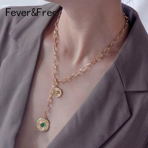 Fever&Free Fashion Vintage Bohemian Female Charm Gold Necklaces Green Bead Y Shaped Simple Coin Pendant Necklace Womens Jewelry