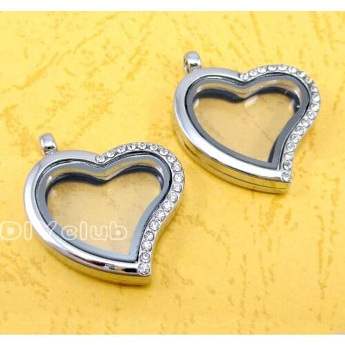 2pcs-Silver Heart Shape Floating Locket with Rhinestone, Glass locket pendant, Memory Lockets for necklace 31x29mm