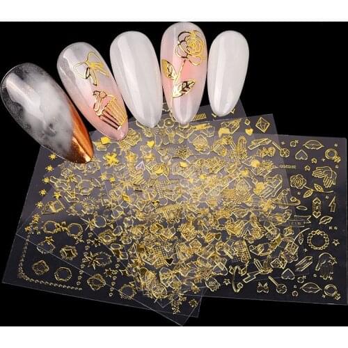 6 Sheets Gold 3D Nail Art Stickers Hollow Decals Mixed Designs Adhesive Flower Nail Tips Decorations Salon Accessory