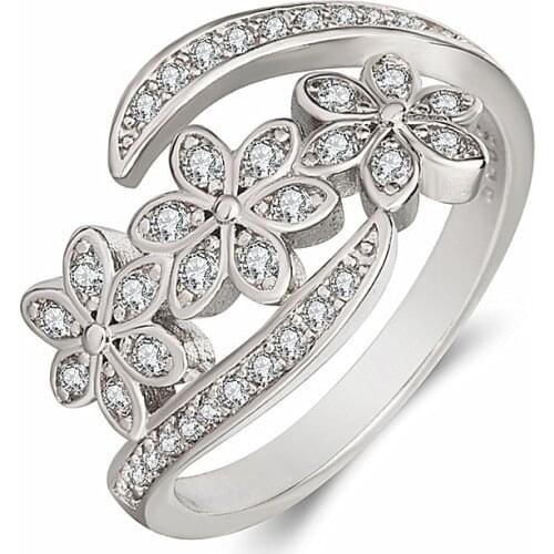 BAOSHINA Silver Color Crystal Flowers Open Womens Ring Trendy Copper Ring Jewelry Wedding Party Adjustable Accessories