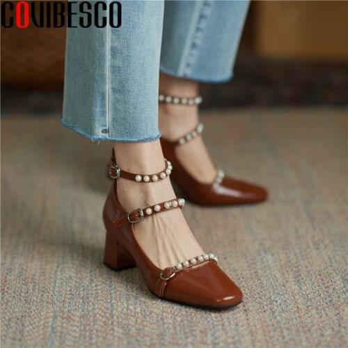 COVIBESCO 2021 Women Pumps Spring New Pearl Ankle Strap High Heels Shoes Woman Genuine Leather Party Wedding Mary Janes Pumps