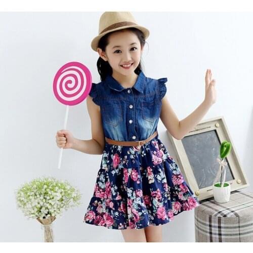 LUCKKIDS Girls Denim Floral Dress Fashion Outfit Party Dress with Rose Summer Baby Children Flying Short Sleeve Casual Clothing