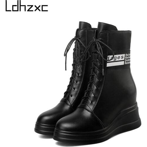 LDHZXC Classic Design Women Winter Boots Cross Tied Genuine Leather Platform Thick Heels Pumps Party Working Shoes Woman