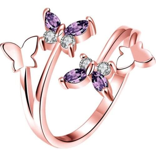 AMORUI Purple Crystal Natural Stone Women Rings Rose Gold Color Romantic Butterfly AAA Zircon Copper Open Rings