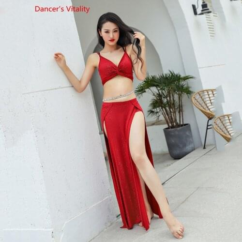 Hot Sell Shine Silver Knit Women Team 2 Piece Belly Dance Set Sexy Dancer Performance Show Clothing Red Wear