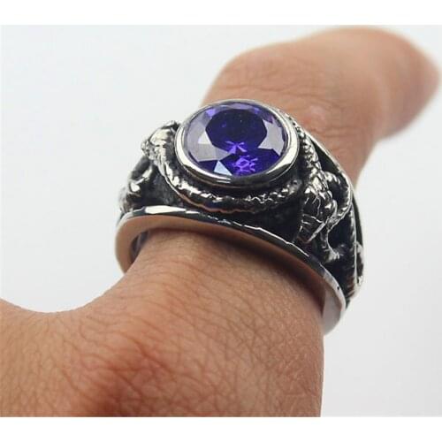 Purple Cz Crystal Gem Snake Fashion Mens 316L Stainless Steel Biker Ring Mens Jewelry