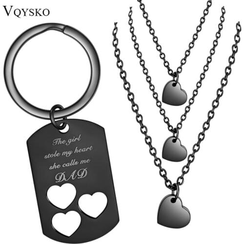 Fashion Fathers Day Gift Jewelry Sets For Dad and Girls Stainless Steel Heart Pendants Necklaces Keychain Jewellery 2pcs Set