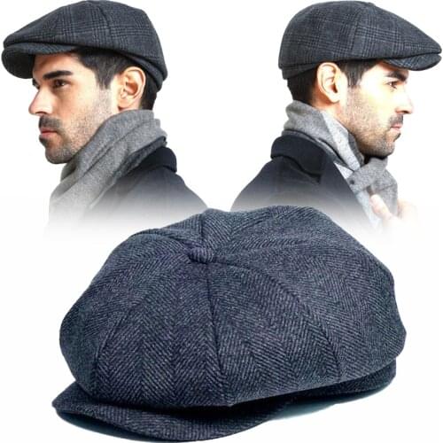 Men Casual Ivy Newsboy Hat Man Felt Autumn and Winter Cap Dad Leisure Beret Caps Winter Wool Flat Octagon Cap Adjustable 55-61cm