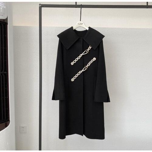 Autumn and winter horn button coat lady wool long over the knee sweet woolen coat FLAW204