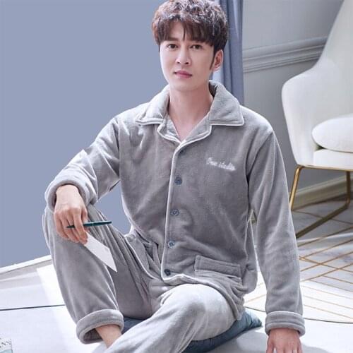 Autumn Winter Thick Flannel Mens Pajamas Set Printing Plus Velvet Sleepwear Male Thick Warm Homewear Loose Long Sleeve Pajamas