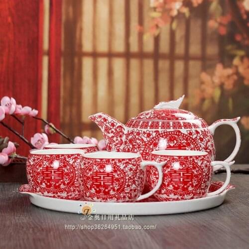 Practical high-end wedding gifts wedding supplies tea cup ceramic tea cup red festive tea set