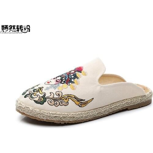 2020 New Handmade Harajuku Women Canvas Flat Slippers Peking Opera Embroidered Ladies Close Toe Linen Cotton Slide Shoes