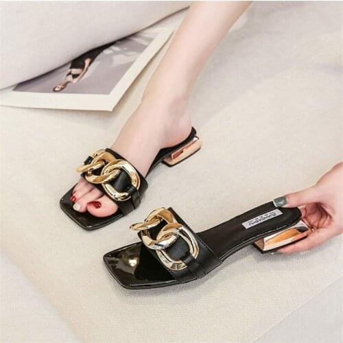 Summer Women Shoes Womens Sandals Golden Chain Decor Slippers 2.5cm Heel Female High Quality Slides Mules Casual Footwear 2021