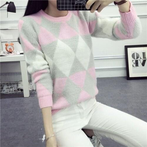 NORMOV Warm Women Sweaters Soft O Neck Long Sleeve Argyle Contrast Color Knitted Cotton Pullovers Casual Pink Sweaters