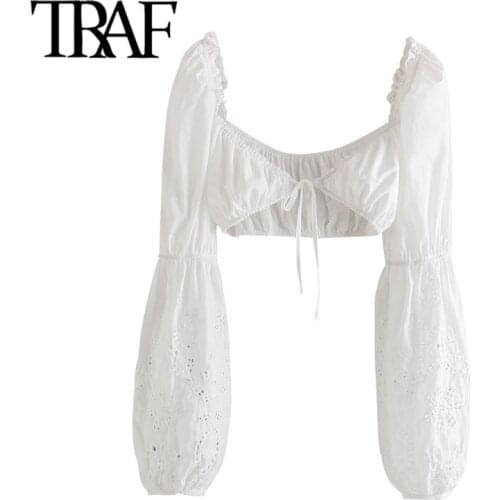 TRAF Women Sexy Fashion Hollow Out Embroidery Crop Blouses Vintage Lantern Sleeve Elastic Trims Female Shirts Chic Tops