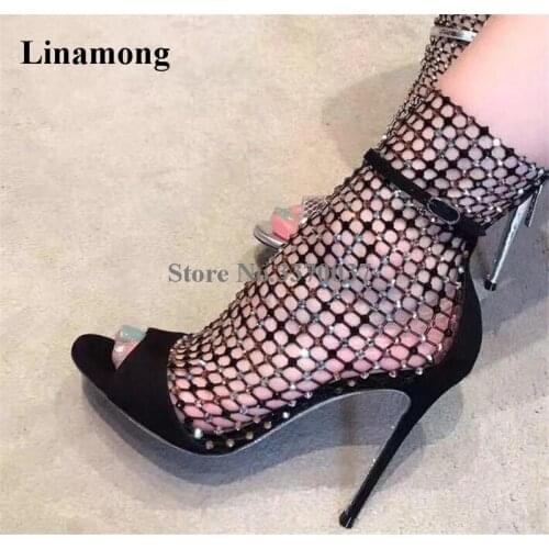 Women Luxurious Peep Toe Bling Bling Mix-colors Rhinestone Thin Heel Short Boots Lace Crystal High Heel Ankle Boots Party Shoes