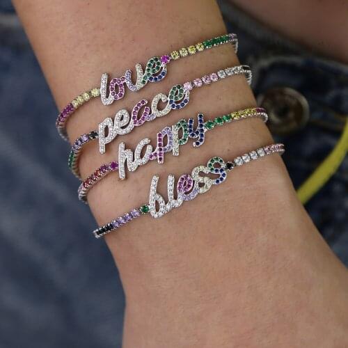 Rainbow cz tennis chain Jewelry Adjustable Bracelet For Women AAA CZ letter bless love happy peace Brilliant CZ Bracelet