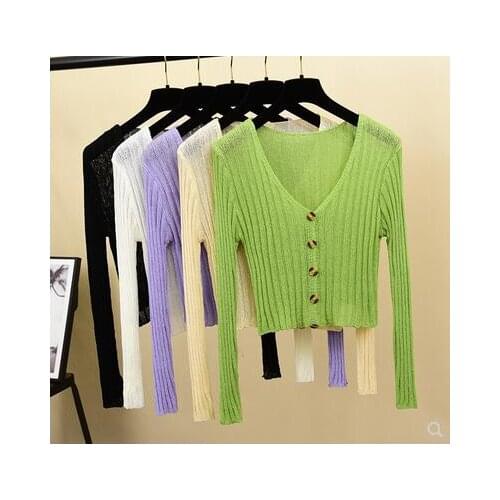 New womens long sleeve v-neck single breasted short thread knitted thin sweater avocado green sunscreen cardigan coat