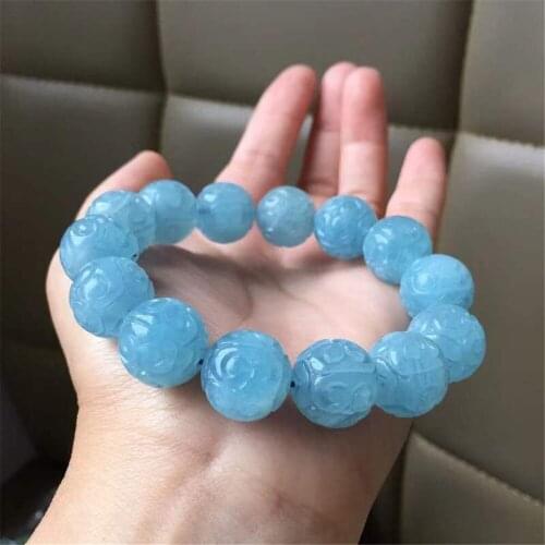 14mm Genuine Natural Ocean Blue Aquamarine Bracelet For Women Man Clear Crystal Loose Round Beads Gemstone Stretch Jewelry AAAAA