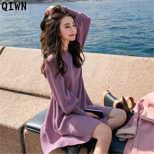 2020 Autumn Elegant Sweater Dress Women One-Piece Winter Lady Lantern Sleeve Knitted Dress Woman Purple Beige Mermaid Midi Dress