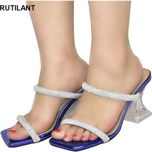 2021 Luxury Brand Rhinestone Female Slippers T-tied Ladies 8.5cm High Heel Shoes Beach Slide Flip Flops Women Sandals Pumps