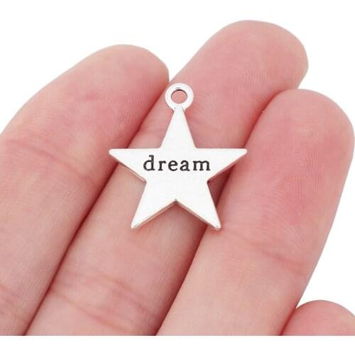 30 x Antique Silver Color Star "Dream" Charm Pendants 2 Sided for DIY Bracelet Jewelry Making Accessories 23x20mm