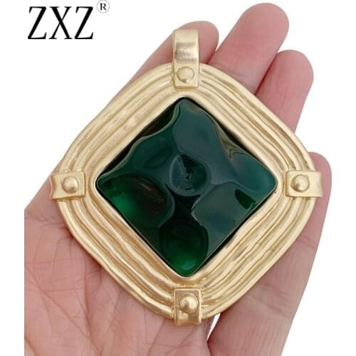 ZXZ 1 Piece Matt Gold Large Boho Square Shape & Green Resin Charms Pendants for Necklace Jewelry Making Accessories