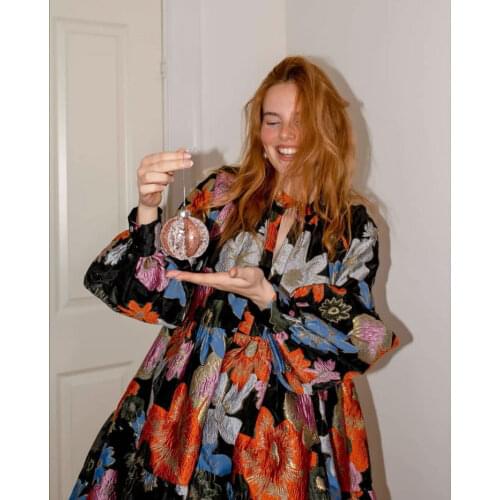 Baroque Metallic Embroidery Flocked Jacquard Lantern Organza Ball Gown Lurex Colorful Flower Babydoll Silhouette Cute Mini Dress