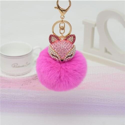 Anple Fake Rabbit Fur Ball with Artificial Fox Head Inlay Pearl Rhinestone Key Chain for Womens Bag or Cellphone or Car Pendant
