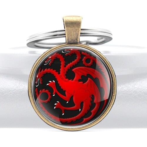 Retro Three-headed dragon Glass Dome key Chains Charms Men Women Key Ring Jewelry Gifts