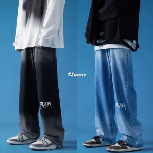 Mens Womens Gradient Jeans 2021 Korean Casual Letter Print Oversize Pants Streetwear Hip Hop Straight Jeans Male Denim Pants