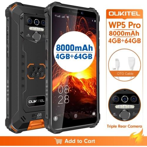 IP68 Waterproof 4GB 64GB Mobile Phone OUKITEL WP5 Pro Smartphone 8000mAh Triple Camera Face/Fingerprint ID 5.5 inches Android 10