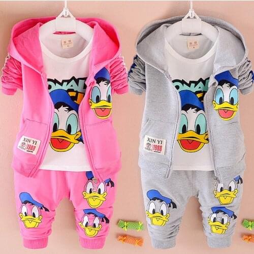 New Donald Duck Mickey Baby Boy Clothing Set Kid Girl Autumn Long Sleeve T Shirt+Pants+Coat 3 Pcs Suit Children Sport Tracksuits