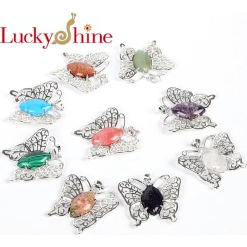 Luckyshine New Fashion Pendants Natural Gems Silver butterfly Moonstone Pendants Sweater Pendant Necklace sz 45*41mm