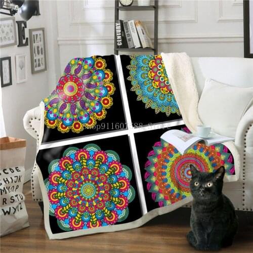 Fashion Mandala Fleece Throw Blanket For Sofa Blankets Keep Warm Faux Fur Custom Bohemian Printed Double Blanket Bed