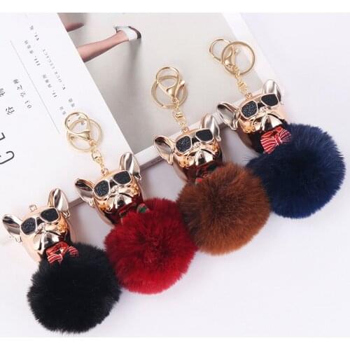 Fashion Punk French Bulldog Keychain Pom-Pom Key Ring Pendant Car Bag Ornament Fashion Parts Toy