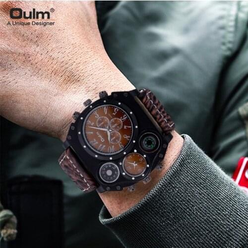 Oulm HP1349 Black Case Mens Watches Luxury Brand Male Quartz Clock Big Size Two Time Zone Casual Wristwatch relogio masculino