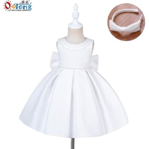 Outong Flower Girl Dresses 2021Summer Casual Gig Bow Beaded Cute Princess Gown Kids Dress 2-5Year old Party Outing With Hairband