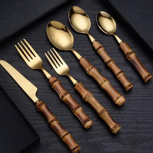 Tableware With Bamboo Handle With Steak Knives Cutlery Stainless Steel Flatware Cutlery Forks Spoons Knives
