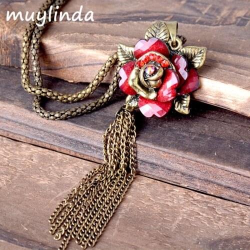 Retro Flower Tassel Necklace Antique Metal Sweater Necklace Jewelry For Women
