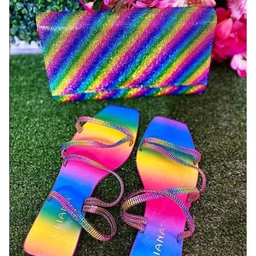 Womens Slippers Rainbow Bling Platform Sandals Ladies Casual Cross Shoes Rhinestones Female Slides Flip Flops Summer Beach 2020