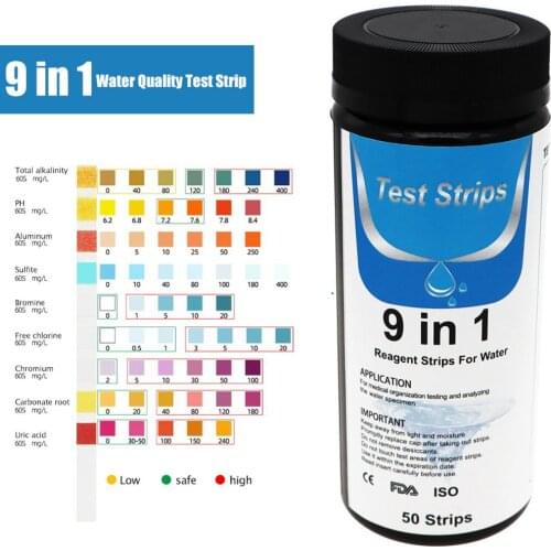 50pcs/bottle Drinking Water Quality Test Strips 9-in-1 Pool Testing Strips for Aquarium Swimming Pool Water Hardness PH test