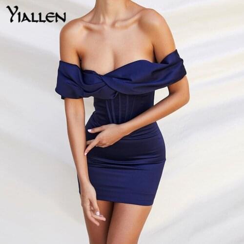 Yiallen Summer Slim Satin Dress Ruched Womens Mini Corset Dress 2021 Bodycon Party Night Club Off Shoulder Gown Elegant Dress