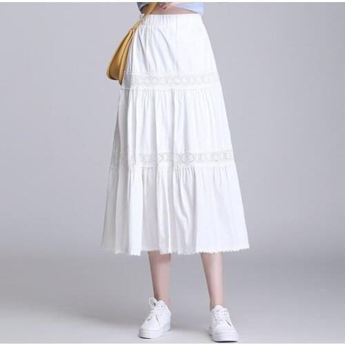 White Skirt Women Fashion Lace Splice Elastic High Waist Loose Casual Long A-line Skirts Female Elegant Korean Black Skirt N889