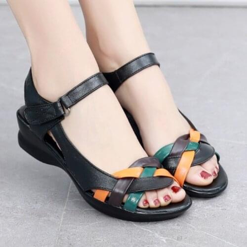 2021 New Summer Women Genuine Leather Sandals Wedges Open Toe Shoes Comfortable Female Sandals Mother Shoes Plus Size 35-42