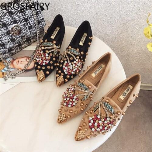 Womens Large Size Single Shoes, Deep Mouth Rivets, Bright Rhinestones, Pointed Toe Flat Shoes, Fashion Womens Shoes