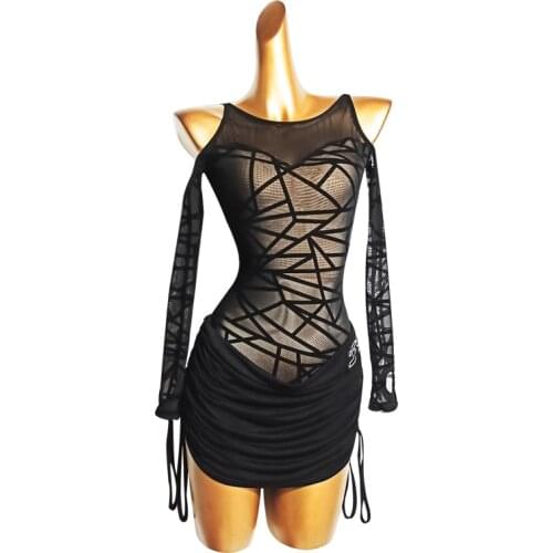 New Fashion Latin Dance Dress Long Sleeves Mesh Latin Practice Short Skirts Dance Competition Show Party Wear